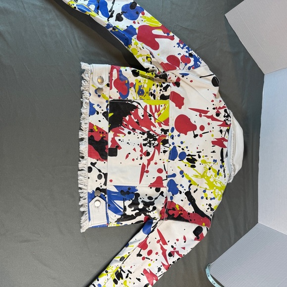 Jkt NYC Colorful Splatter Paint Leather Cropped Fringe Jacket - Picture 2 of 9